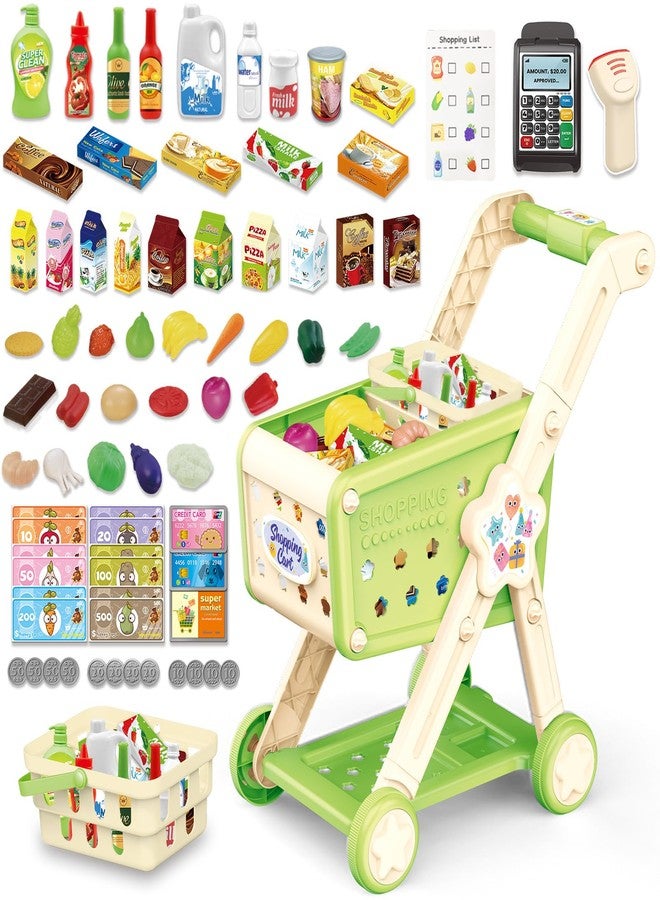 RedCrab Kids Shopping Cart,75PCS Toy Shopping Cart Playset with Food Shop Accessories, Adjustable Shopping Cart Arm,Shopping Basket Grocery Store Games for Ages 3 4 5 67 8+ (Green) - Image 1
